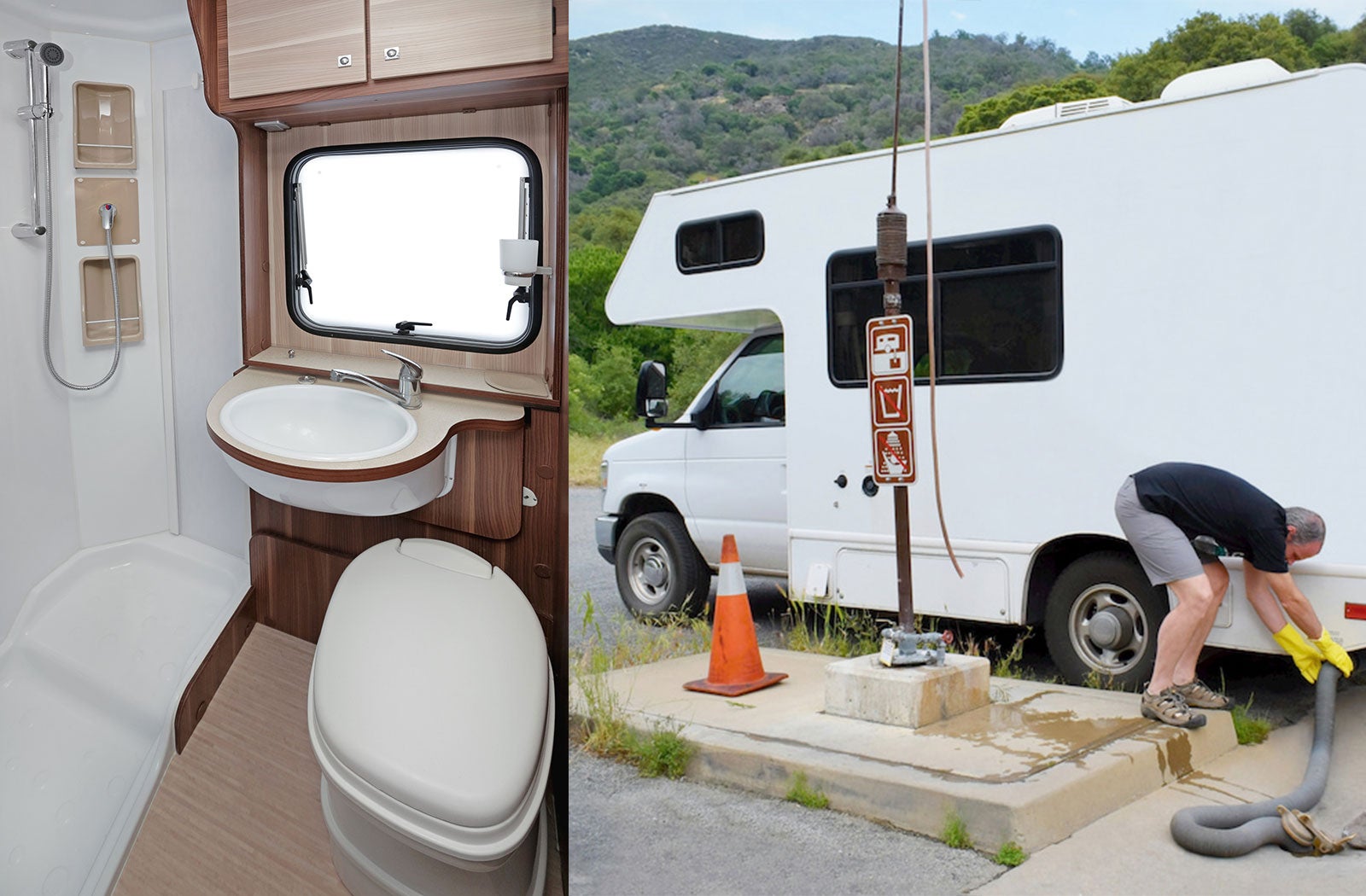 Portable RV/camper toilet and holding tank setup in Broad St, Los Angeles
